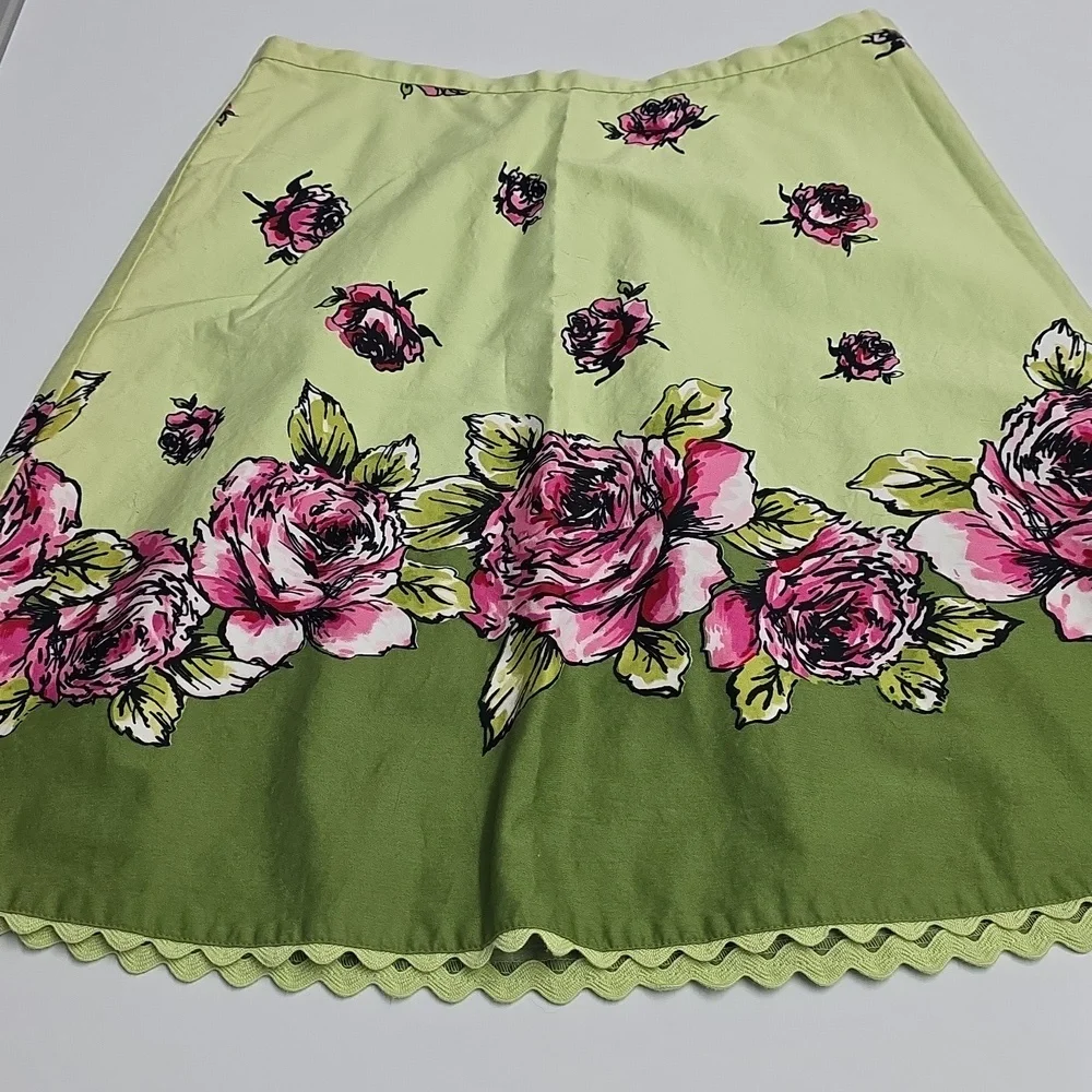 Liz Claiborne Floral A-Line Skirt Green Pink Roses Scallop Hem Gardenparty